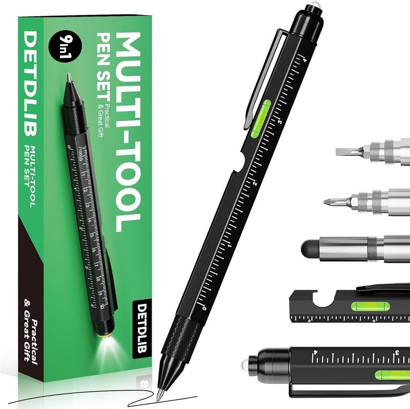 DETDLIB 9-in-1 Multitool Pen with LED Light, Stylus, Level, Screwdriver, Cool Gadget Valentines Day Gifts for Him, Men, Husband, Dad, Father, Mechanic, Women, Birthday Gifts for Men, Black - Image 1